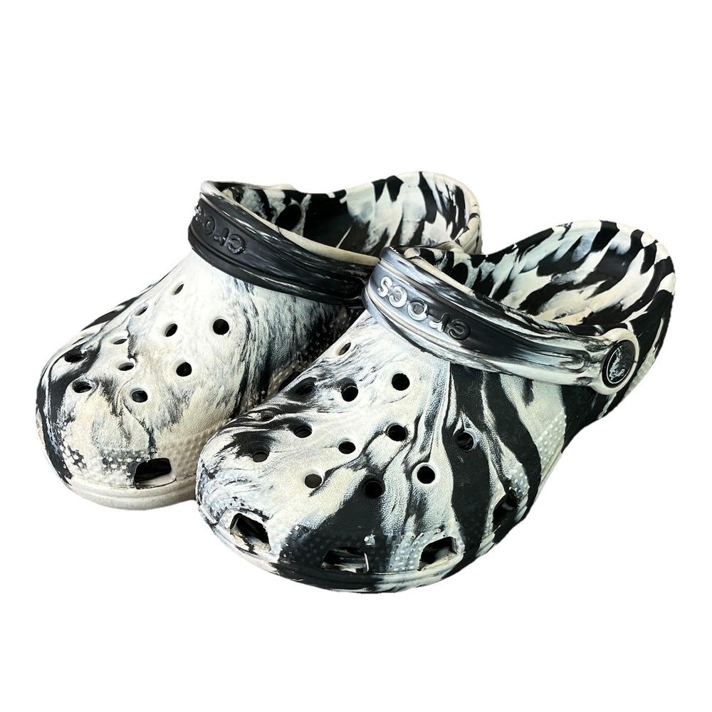 Crocs Classic Clogs- Marble Black & White Little Girls Boys Size 11